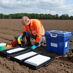 **

A field environment practical exam setup. Focus on soil sampling equipment like a Dutch auger and sample containers. Include safety gear like gloves and boots. The scene should convey preparation and organization, perhaps with a checklist visible.

**
