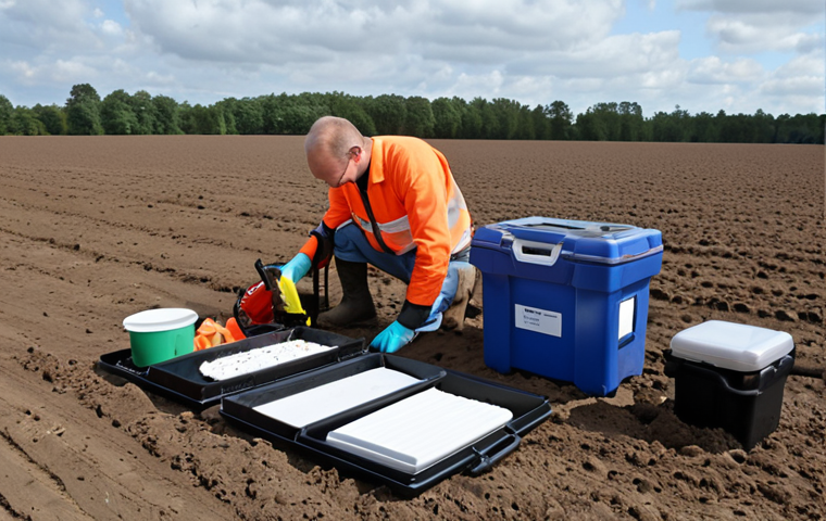 **
A field environment practical exam setup. Focus on soil sampling equipment like a Dutch auger and sample containers. Include safety gear like gloves and boots. The scene should convey preparation and organization, perhaps with a checklist visible.
**