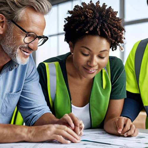 Home 18 ** A diverse team collaborating on a sustainable project, showcasing company values in action. Environmentally friendly technology and green initiatives are subtly visible in the background.
**
