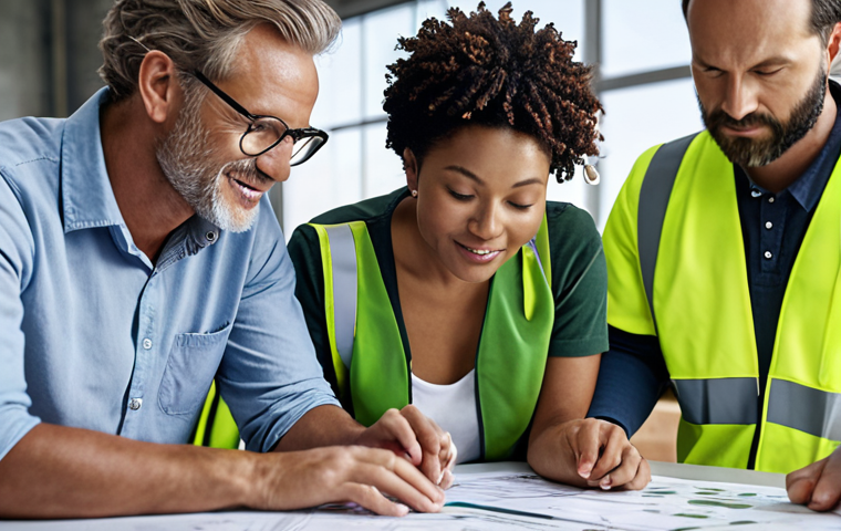 ** A diverse team collaborating on a sustainable project, showcasing company values in action. Environmentally friendly technology and green initiatives are subtly visible in the background.
**