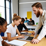 ** A diverse group of people studying together for environmental certification exams, using laptops and books in a bright, collaborative workspace. Emphasize teamwork and knowledge sharing, with visuals representing sustainability and environmental awareness.

**