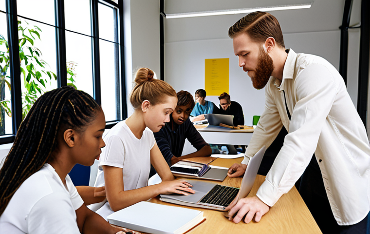 ** A diverse group of people studying together for environmental certification exams, using laptops and books in a bright, collaborative workspace. Emphasize teamwork and knowledge sharing, with visuals representing sustainability and environmental awareness.
**