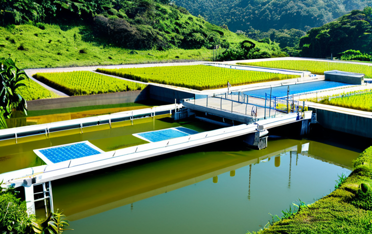Sustainable Water Management**

"A modern water treatment plant nestled in a lush Brazilian landscape, showcasing advanced filtration technology. The scene emphasizes clean water flowing into a vibrant river, promoting responsible water usage. Fully clothed engineers are monitoring the process with tablets. Safe for work, appropriate content, perfect anatomy, natural proportions, professional, modest, family-friendly, high quality."

**
