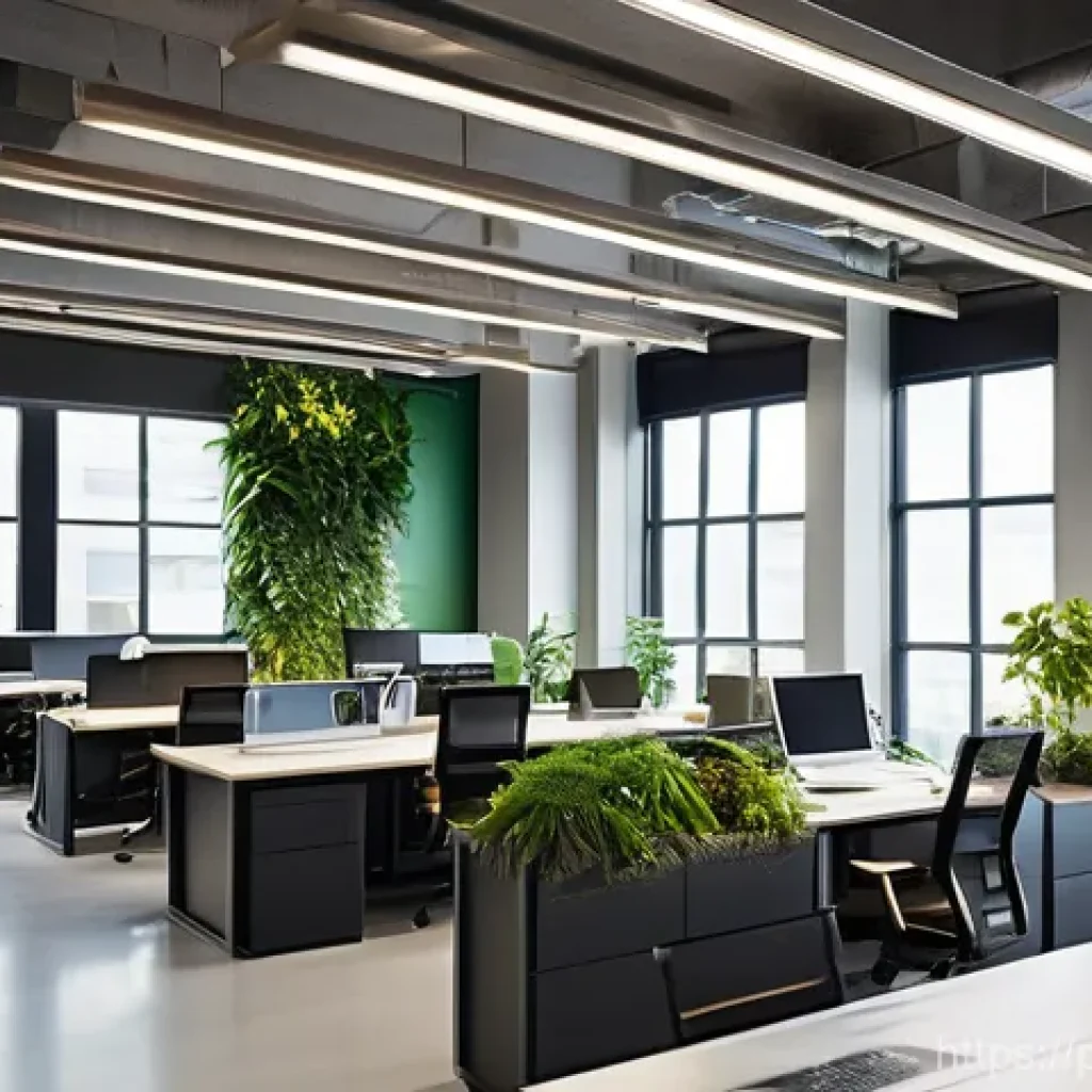 환경 관련 자격증 인기 순위 - **Prompt 1: Sustainable Office Environment**
"A bright, modern open-plan office space featuring ...