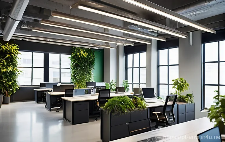 환경 관련 자격증 인기 순위 - **Prompt 1: Sustainable Office Environment**
    "A bright, modern open-plan office space featuring ...