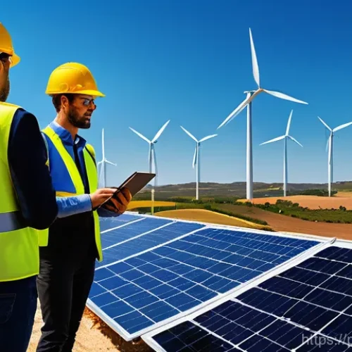 Home 27 환경 관련 취업박람회 정보 - **Prompt:** A dynamic, wide shot of a modern renewable energy facility in Portugal. In the foregroun...