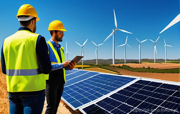 환경 관련 취업박람회 정보 - **Prompt:** A dynamic, wide shot of a modern renewable energy facility in Portugal. In the foregroun...