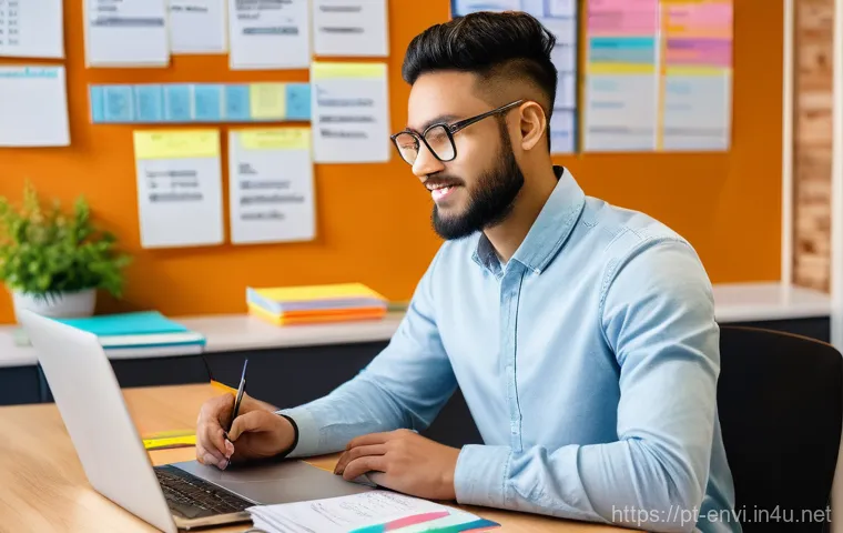 환경기사 필기 과목별 공략법 - **Prompt: "A young adult (18-25, gender-neutral) diligently studying at a well-organized, modern des...