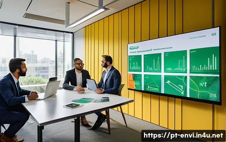 환경직 이직 성공 사례 - **Prompt:** A diverse group of four professionals, two men and two women of varying ages and ethnici...