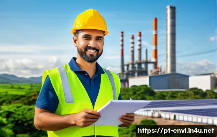 환경 관련 법규 자격증 - A professional environmental engineer wearing a safety helmet, reflective vest, and work boots, stan...