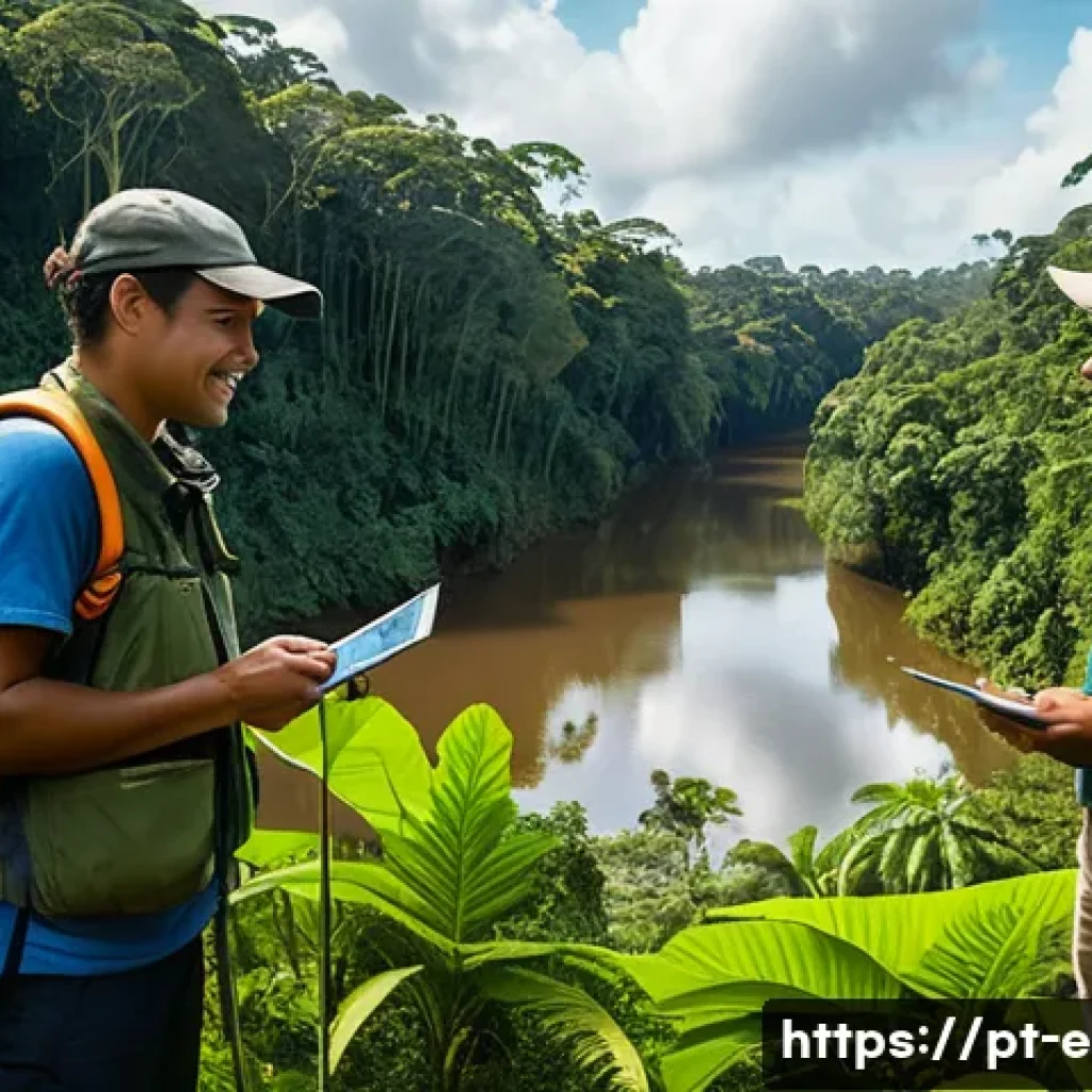 환경 관련 이론과 실무 비교 - A detailed scene of a Brazilian environmental project team working in the Amazon rainforest, showcas...