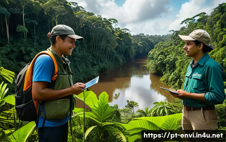 환경 관련 이론과 실무 비교 - A detailed scene of a Brazilian environmental project team working in the Amazon rainforest, showcas...