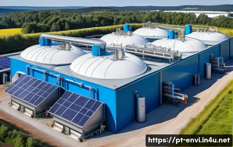 환경기술 분야 전망 분석 - A modern industrial facility showcasing advanced anaerobic digestion technology processing organic w...
