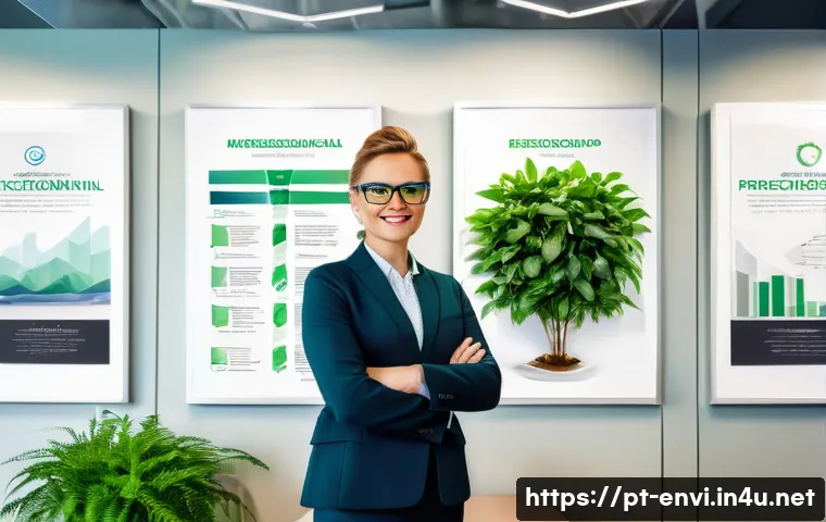환경기술 자격증의 가치 - A professional environmental technology specialist wearing business casual attire and safety glasses...