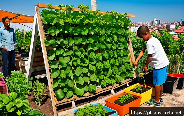 환경분야 전문지식 쌓는 법 - A vibrant urban community garden in Brazil, showcasing diverse people of various ages planting organ...