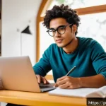 Home 21 환경산업기사 시험 공부법 - A focused young adult student studying at a cozy, well-lit desk in a modern home office, surrounded ...