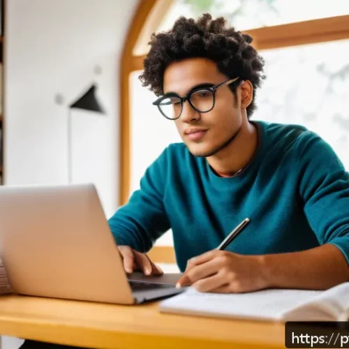 Home 33 환경산업기사 시험 공부법 - A focused young adult student studying at a cozy, well-lit desk in a modern home office, surrounded ...