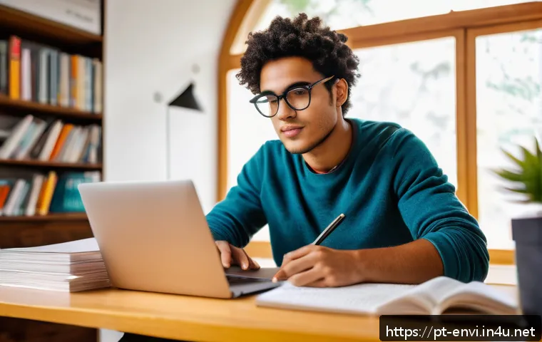 환경산업기사 시험 공부법 - A focused young adult student studying at a cozy, well-lit desk in a modern home office, surrounded ...