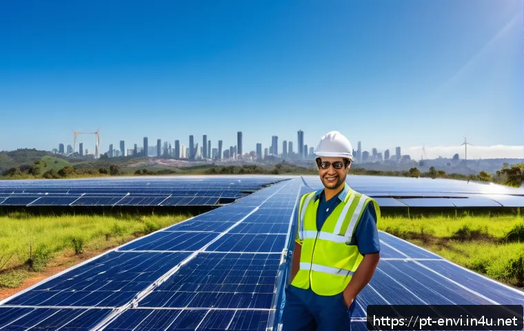 환경기술사 자격증 활용 사례 - A professional Brazilian environmental engineer in certified uniform working on a solar energy farm ...