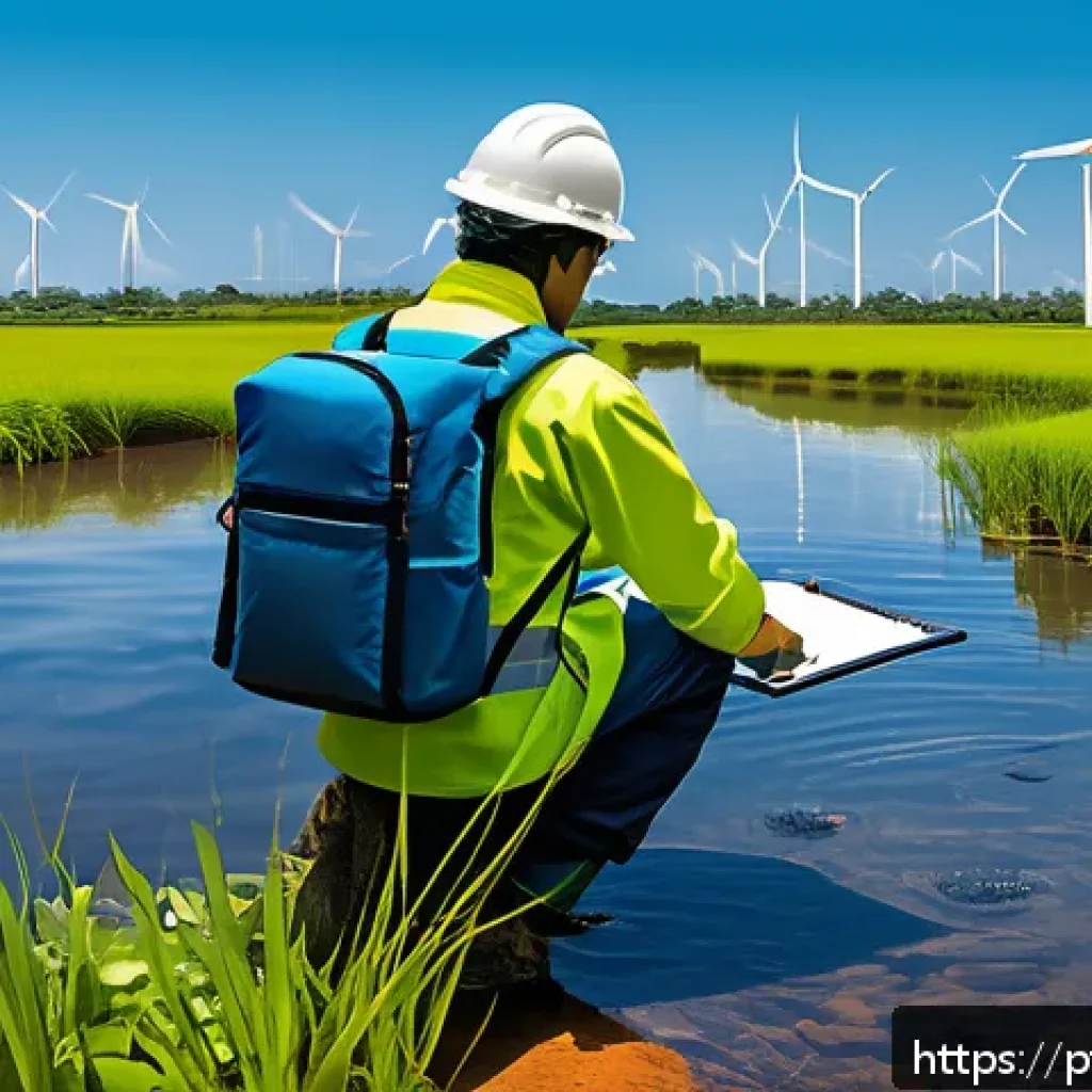 환경기사 필기시험 출제 경향 - A detailed illustration of an environmental technician conducting a field inspection near a Brazilia...
