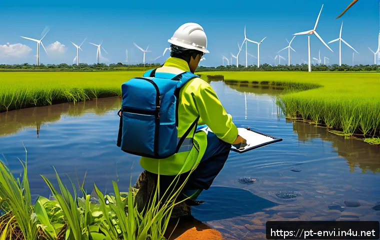 환경기사 필기시험 출제 경향 - A detailed illustration of an environmental technician conducting a field inspection near a Brazilia...