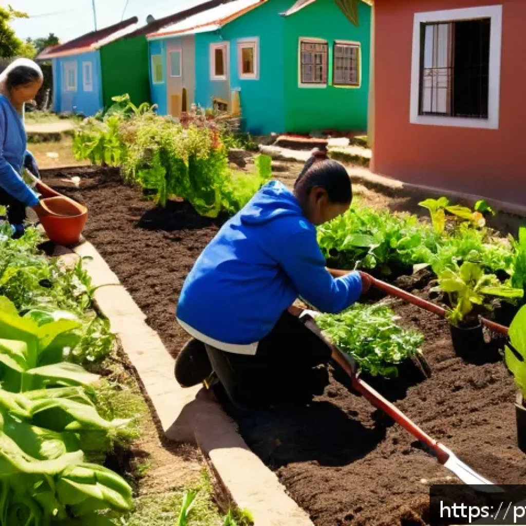 환경보건 실무 적용 사례 - A vibrant community garden scene in a Brazilian neighborhood, featuring diverse people of all ages p...
