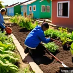Home 18 환경보건 실무 적용 사례 - A vibrant community garden scene in a Brazilian neighborhood, featuring diverse people of all ages p...