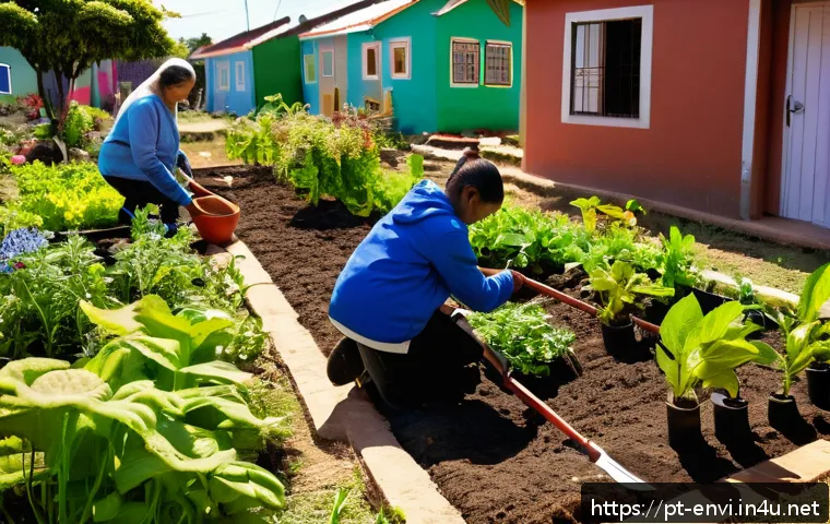 환경보건 실무 적용 사례 - A vibrant community garden scene in a Brazilian neighborhood, featuring diverse people of all ages p...